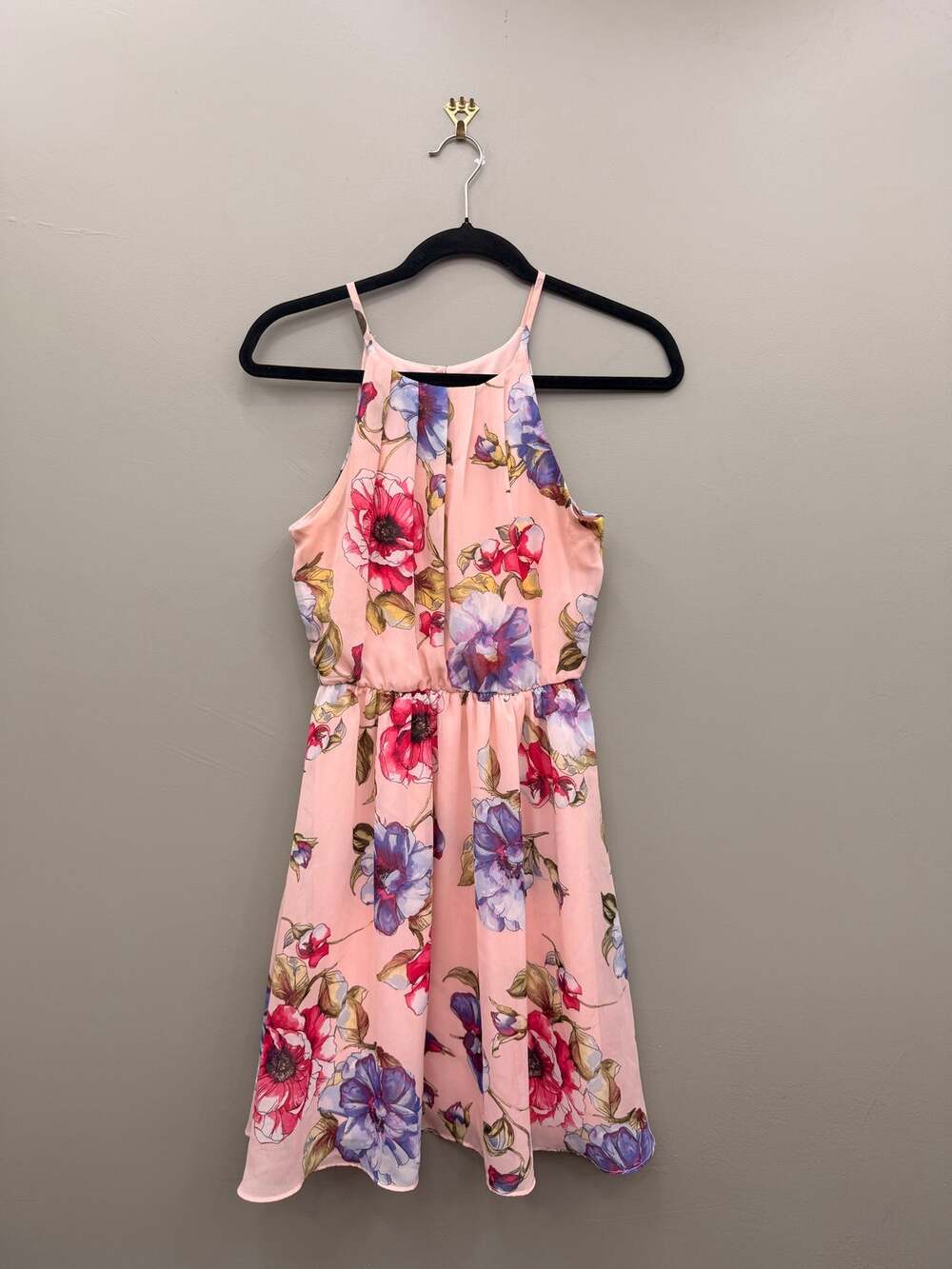 IZ Byer Pink Floral Fit Flare Dress XS High Neck Summer Wedding Guest